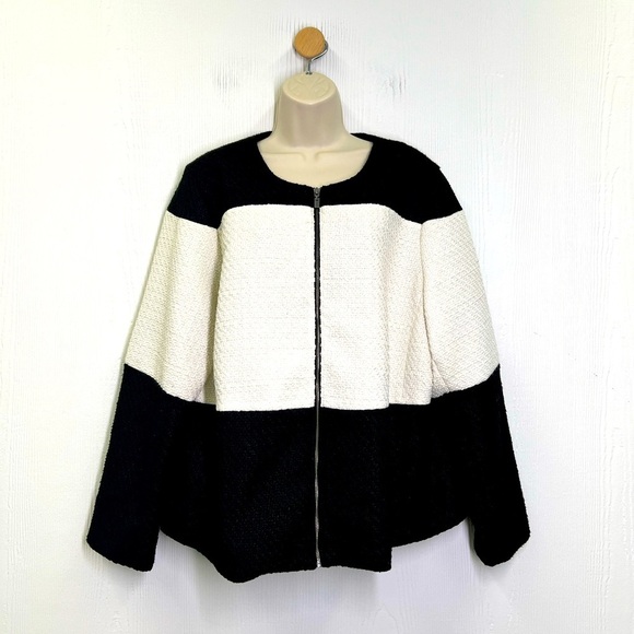 Chico's - Color Blocked Black And White Lined Zip Up Tweed Jacket Size XL - Picture 1 of 12